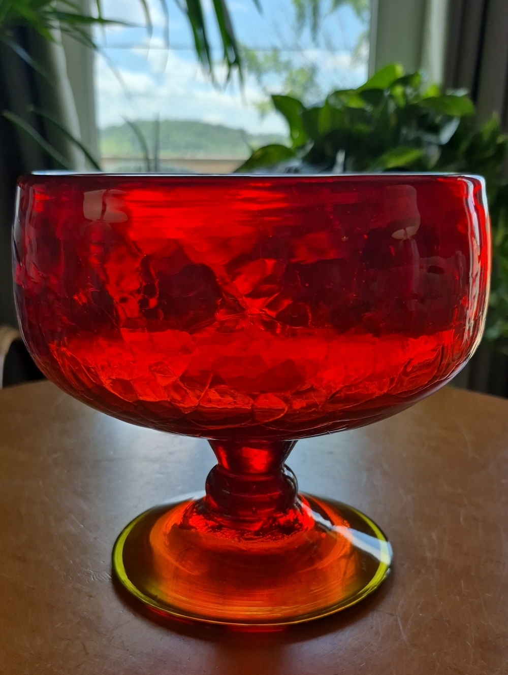 Vtg. Blenko Crackle Amberina Wayne Husted Footed Compote